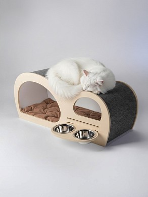 Домик с когтеточкой волна для кошки и собак мелких пород с встроенной мискoй