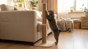 Кошка тянется к напольному столбику Котомото рядом с диваном